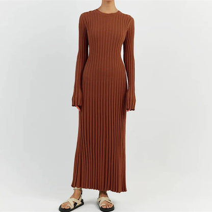 Ribbed Knit Crew Neck Maxi Dress