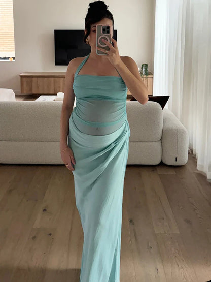 Hollow Patchwork Halter Maxi Dress