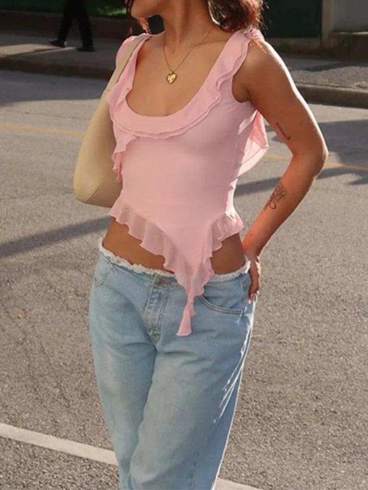 O-neck Ruffled Backless Irregular Cami Top