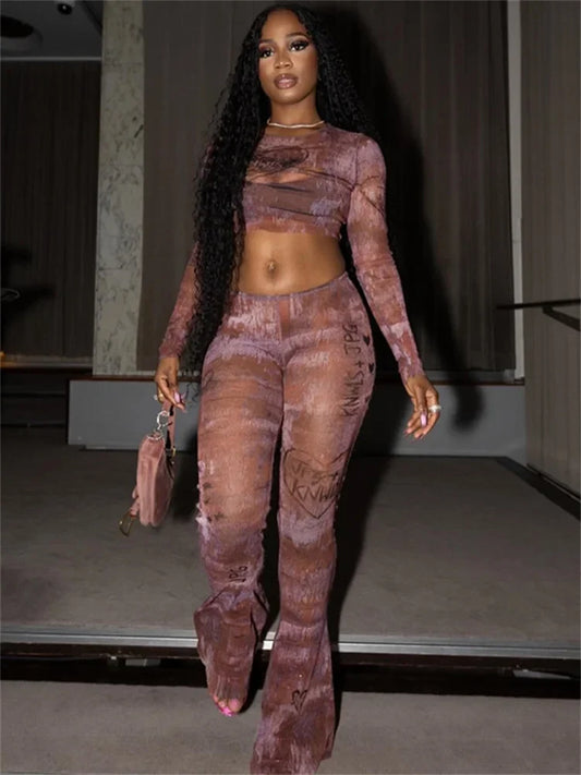 Print Mesh Flared Two Piece Pants Set