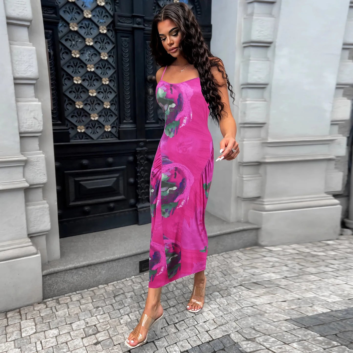 Slim Fit Bag Hip Print Long Sleeve Midi Dress