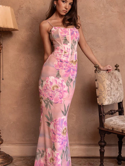 Halter Dot Slim Backless Floral Dress