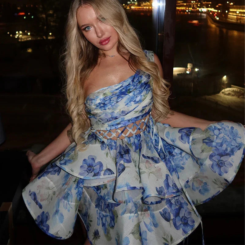 Single Shoulder Pleated Floral Dress