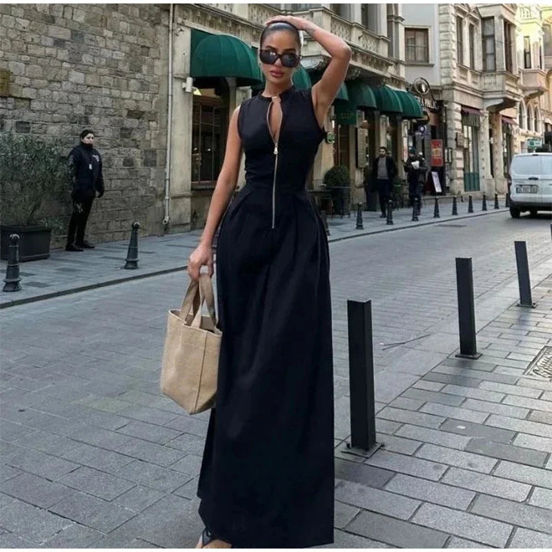 Sleeveless Spliced Zipper V-Neck Pleated Work Dress