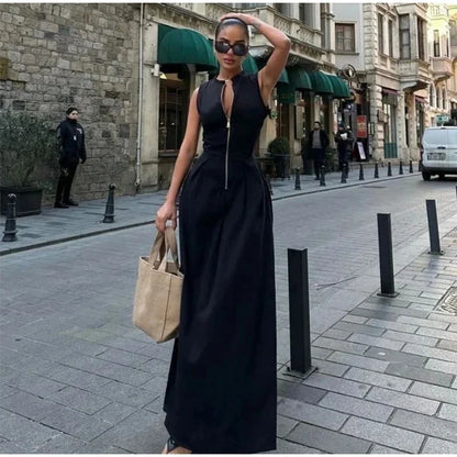 Sleeveless Spliced Zipper V-Neck Pleated Work Dress