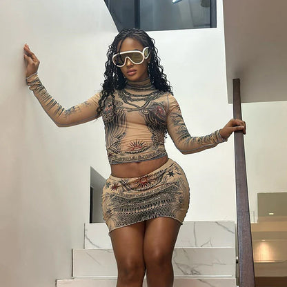 Autumn Aesthetic Print Mesh O-neck Peach Mini Two Piece Skirt Set