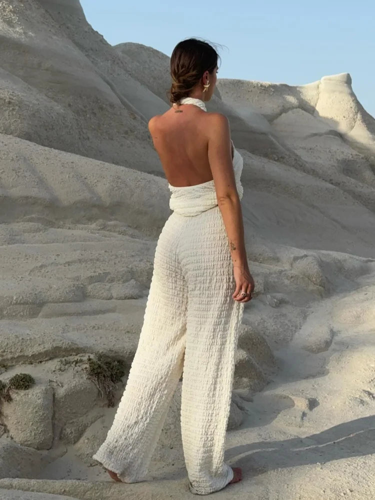 Pleated Halter Backless Wide Leg Two Piece Pants Set