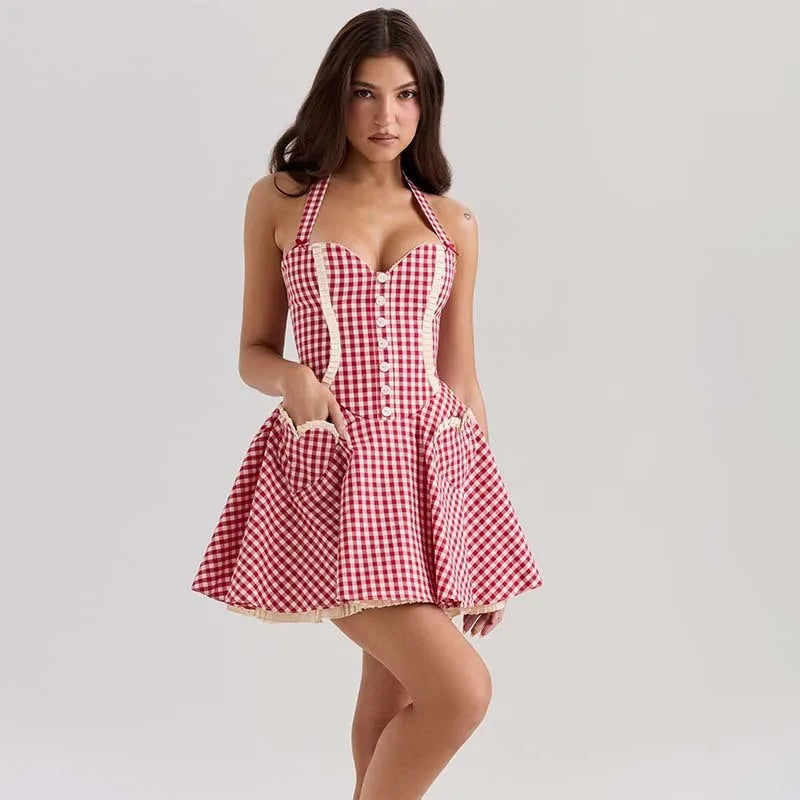 Plaid Wrap Halter Backless Mini Summer Dress