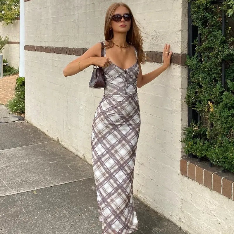 Plaid V-neck Backless Spaghetti Strap Slip Dress