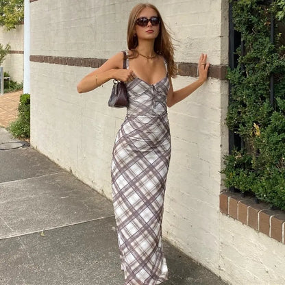 Plaid V-neck Backless Spaghetti Strap Slip Dress