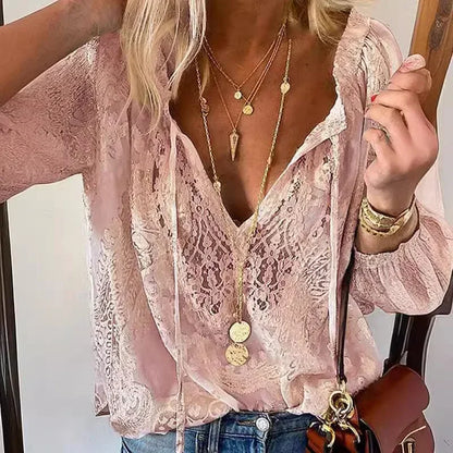 Vintage Button Lace-up Long Sleeve Blouse