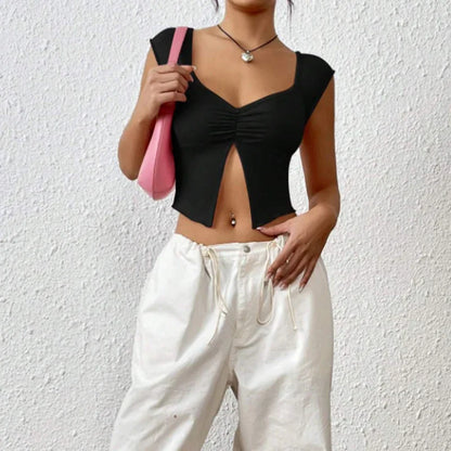 Pleated Deep V-Slit Slim Fit Crop Top