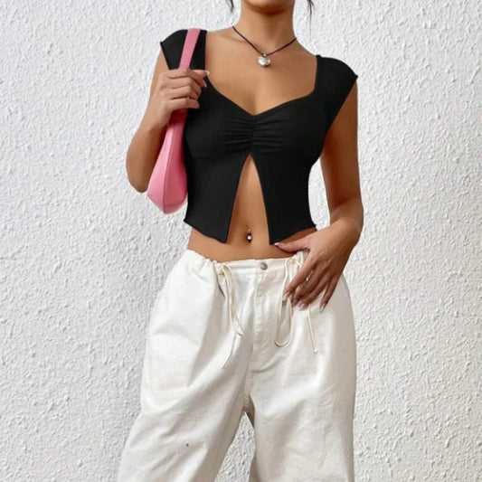 Pleated Deep V-Slit Slim Fit Crop Top