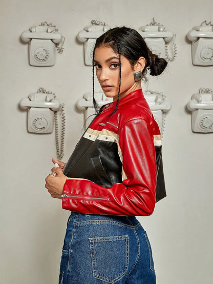 Patchwork Letter Zip Crop Jacket