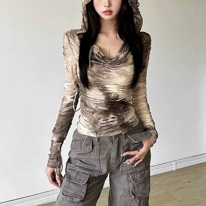 Tie Dye Ripped Hooded Sheer Top