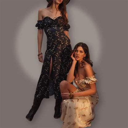 Off Shoulder Lace Split Maxi Floral Dress