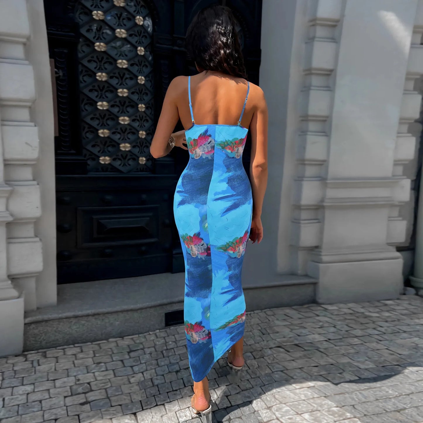 Slim Fit Bag Hip Print Long Sleeve Midi Dress