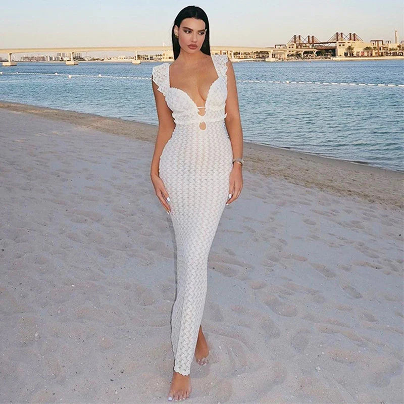 Lace Up Hollow Slim V-neck Maxi Dress