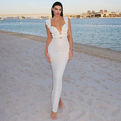 Lace Up Hollow Slim V-neck Maxi Dress