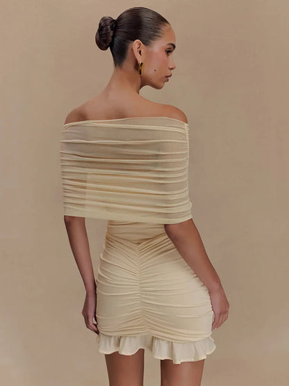 Strapless Mesh Ruffled Backless Mini Dress