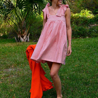 Square Neck Stripe Loose Floral Dress