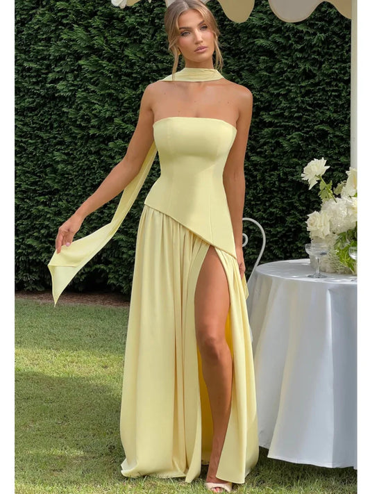 Strapless Pleated Slit Party Evening Midi Dress