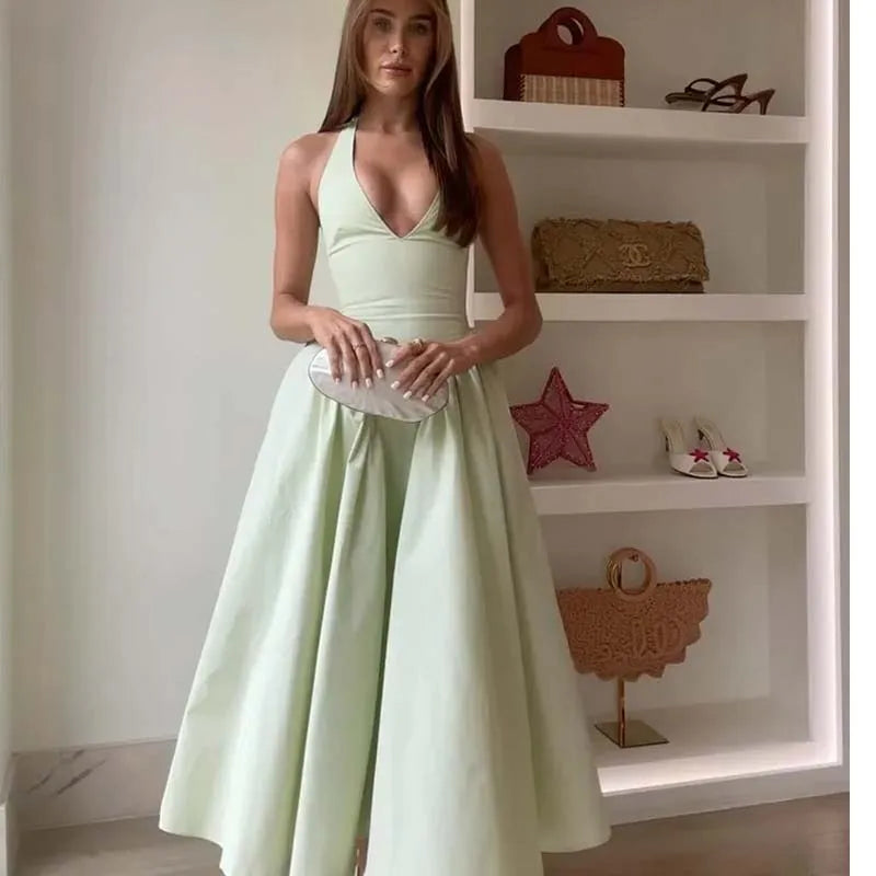 Sexy Backless Halter Green A-Line Midi Dress