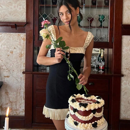 Button Lace Tank Backless Mini Dress