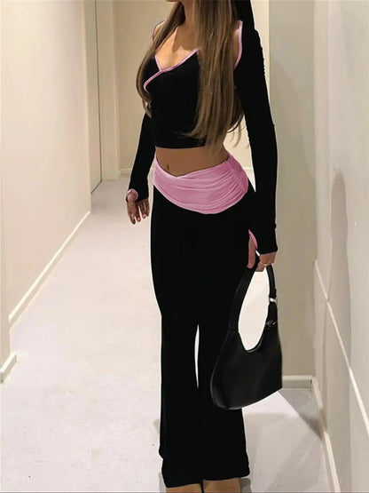 Contrast Patchwork Halter Neck Two Piece Pants Set