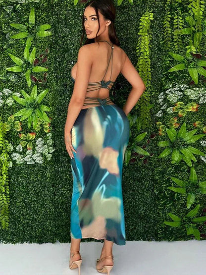 Tie Dye Backless Cross Midi Dress