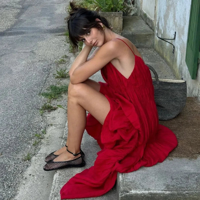 Pleated Deep V-neck Backless Slim Slip Dress