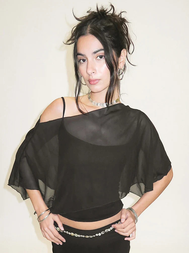 One-Shoulder Mesh Crop Sheer Top
