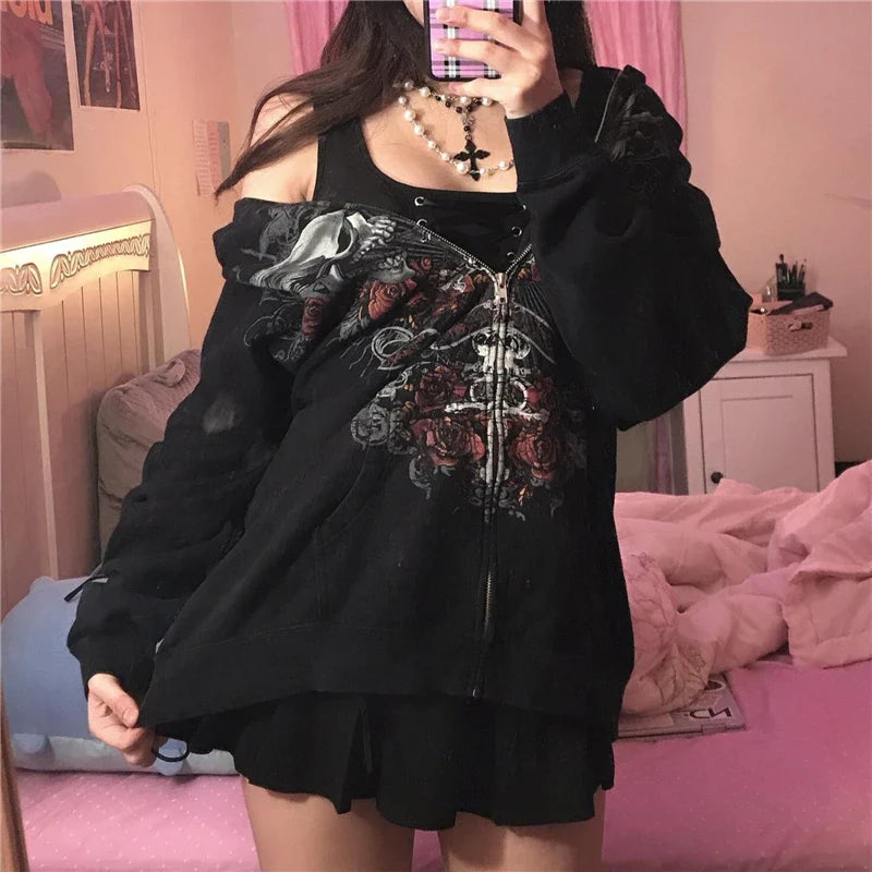 Skull Print Fairy Grunge Hoodie
