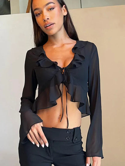 Ruffled Green Chiffon Lace Sheer Top