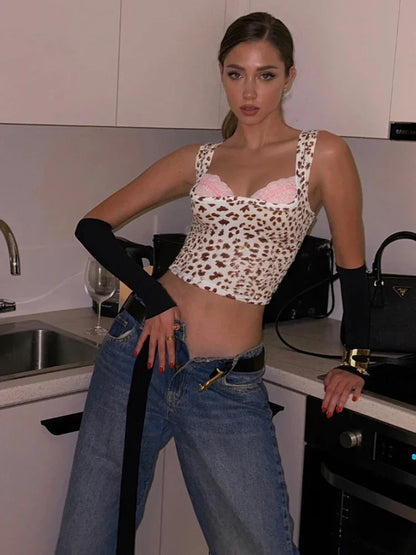 Leopard Print Mesh Patchwork Square Collar Cami Top