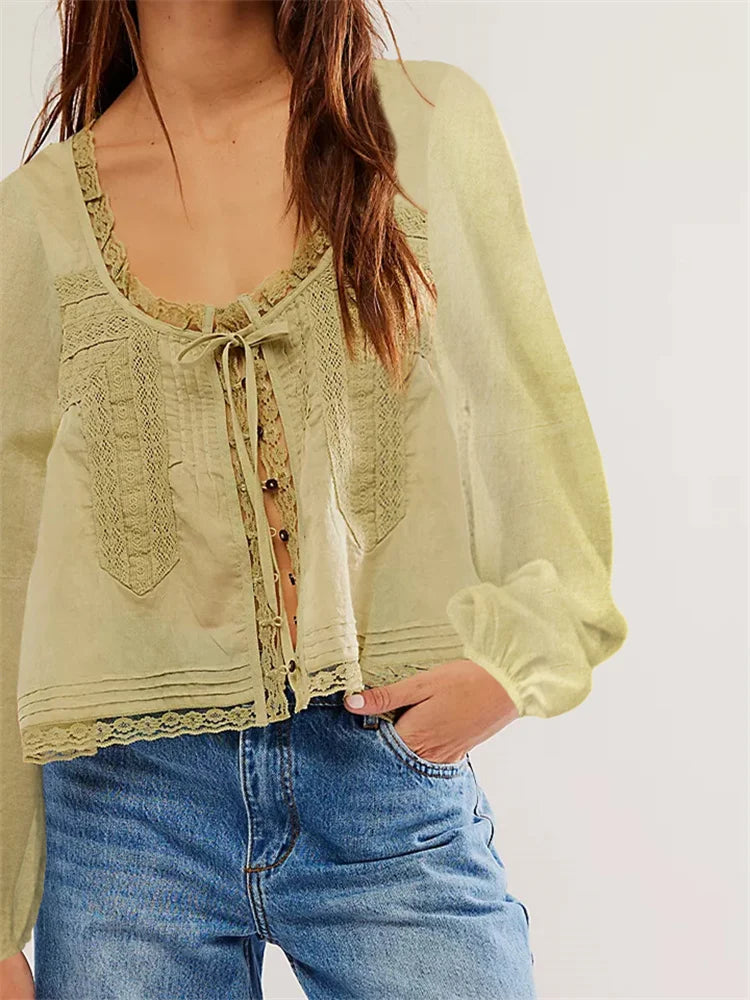 Women Long Sleeve Loose Casual Lace Patchwork Blouse