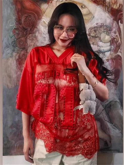 Rhinestone Lace V-neck T-shirt