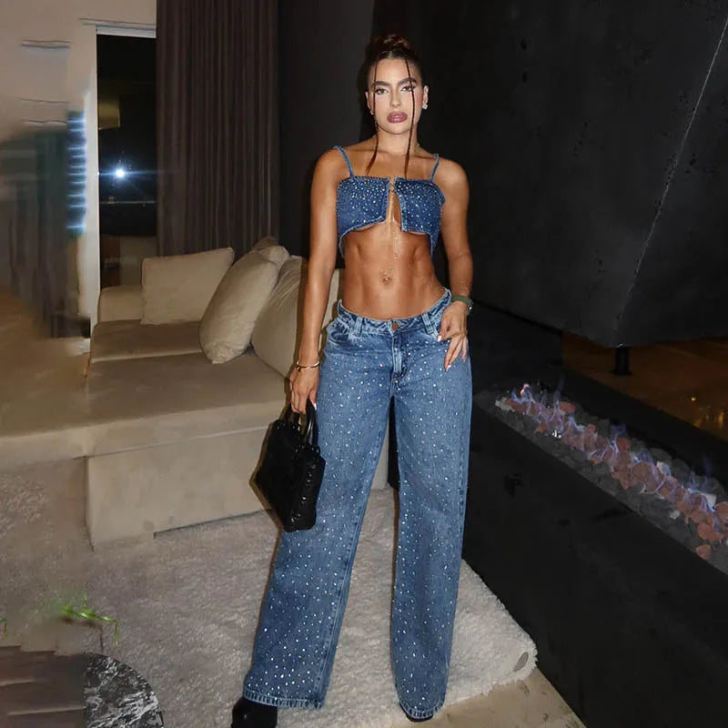 Rhinestone Hollow Denim Two Piece Pants Set