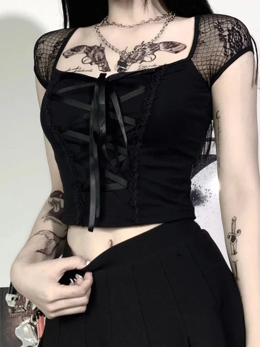 Goth Bodycon Lace Black Crop Top