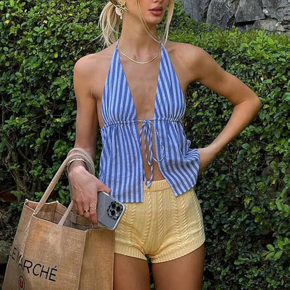 Y2K Striped Backless Tie-Up Front Halter Cami Top
