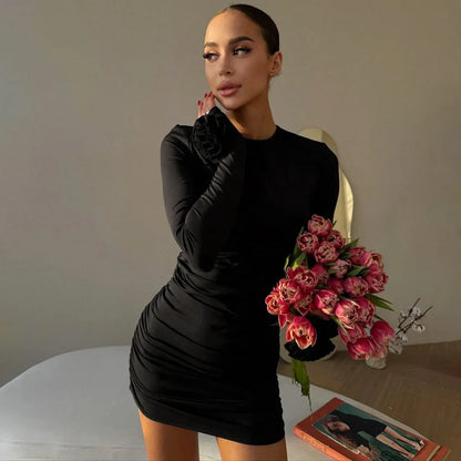 Floral Long Sleeve O-Neck Ruched Bodycon Work Dress