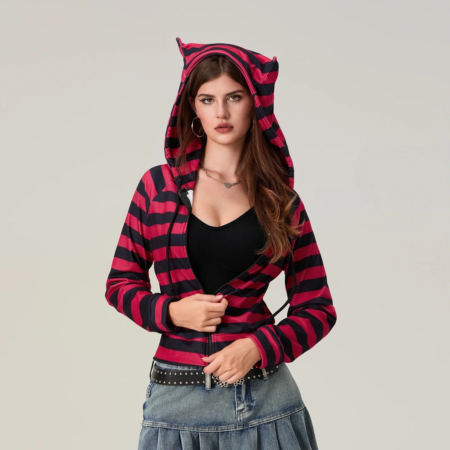 Striped Contrast Zip Cropped Hoodie