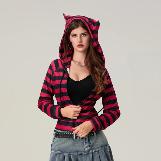 Striped Contrast Zip Cropped Hoodie
