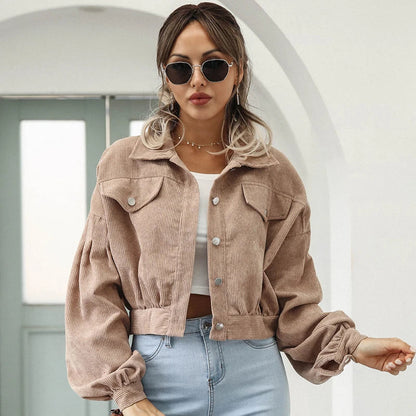 Cropped Corduroy Lantern Sleeve Jacket