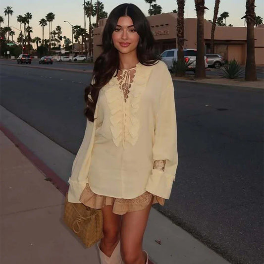 Women's Ruffled Pleated Long Sleeve Blouse