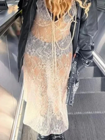 Floral Sheer V-Neck Streetwear Lace Dress