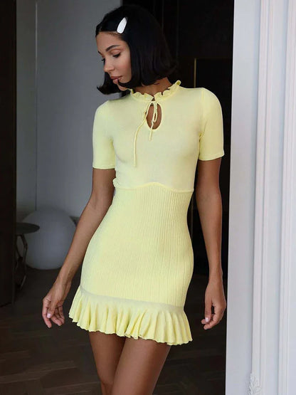 Hollow Ribbed Ruffle Pullover Mini Dress