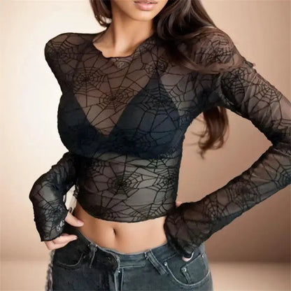 Spider Mesh Yarn Long Sleeve Sheer Top