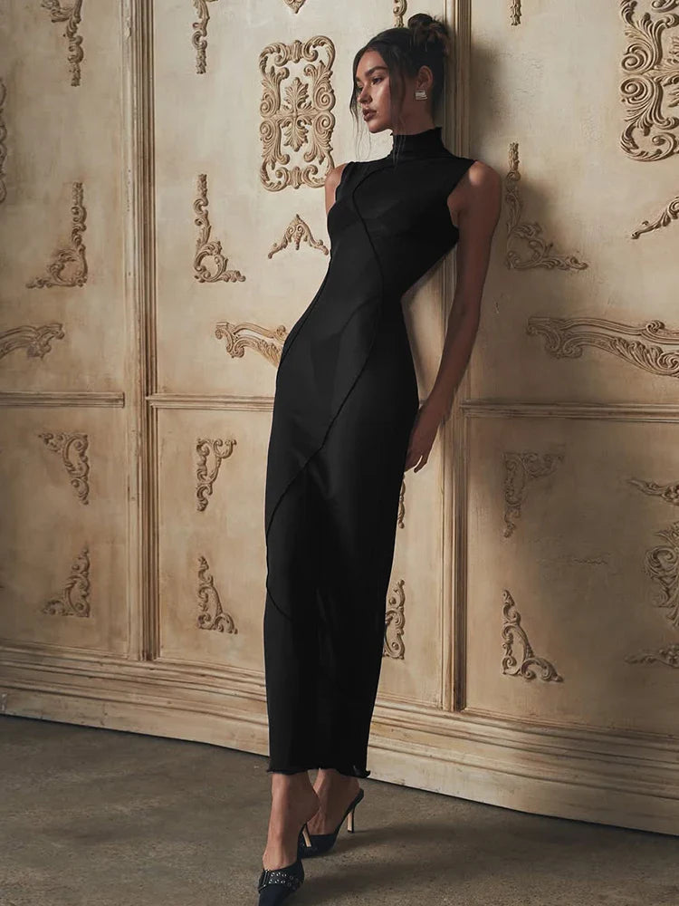 Sheer Stand Collar Straight Midi Dress