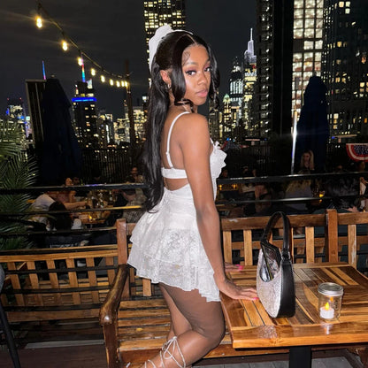 White Hollow A-Line Lace-Up Mini Dress